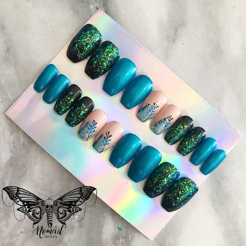 Turquoise Floral Glitter Press On Nails