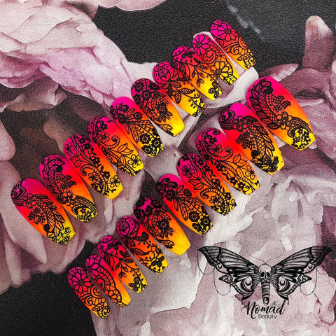 Neon Ombre & Black Lace Press On Nails