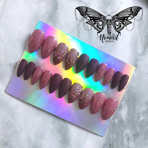 Burgundy & Dusky Pink Glitter Press on Nails